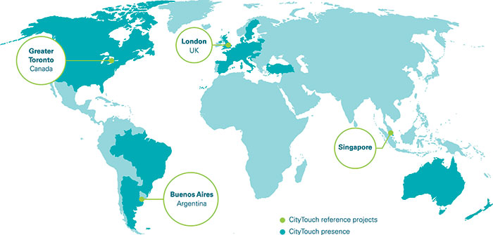 Mapa com os países onde é utilizado o CityTouch