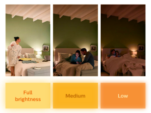 Efeitos de luz em uma sala iluminada por uma lâmpada LED Philips SceneSwitch com diferentes configurações de temperatura