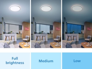 Efeitos de luz em uma sala de uma lâmpada LED Philips SceneSwitch com diferentes configurações de brilho