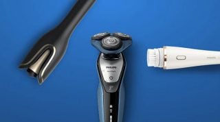 "Dispositivos de higiene Philips em fundo azul: barbeador elétrico, aparador de barba e escova de limpeza facial para cuidados pessoais masculinos."